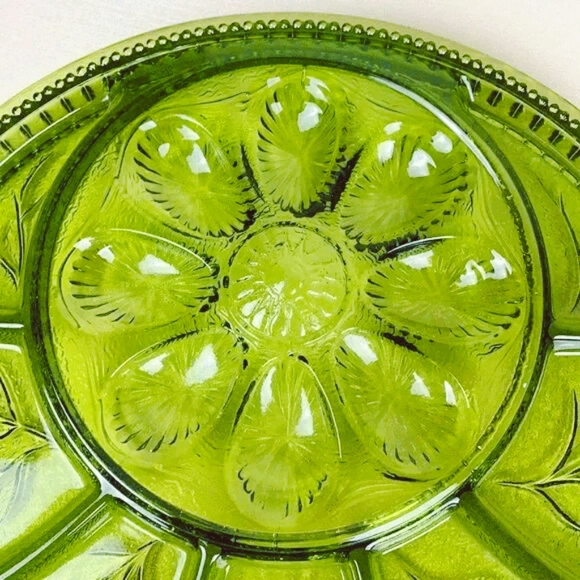 Indiana Glass Avocado Green Depression Glass Egg & Relish Tray 13" - Picture 2 of 6
